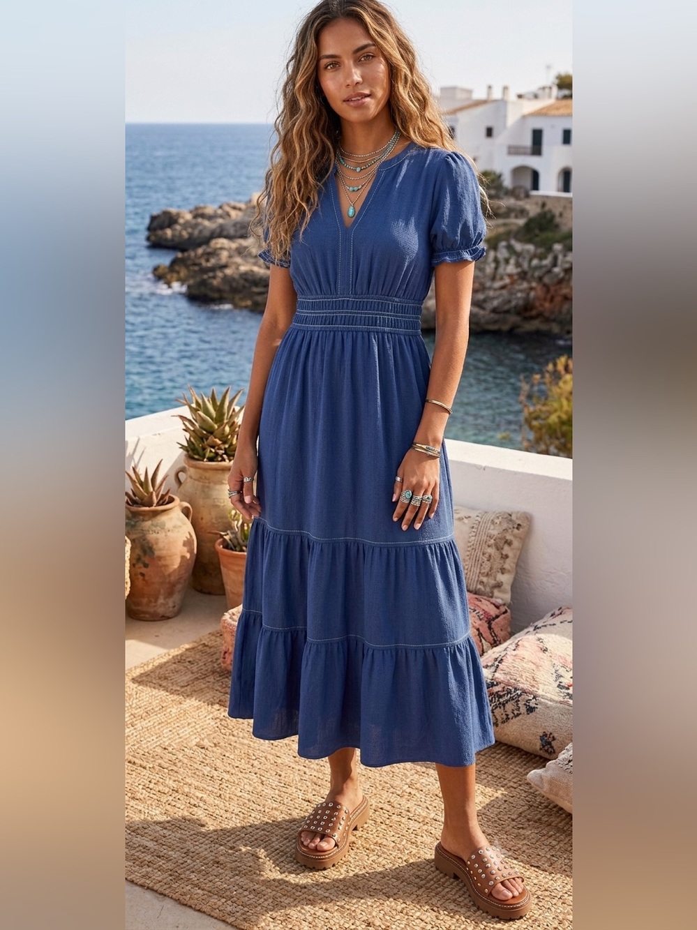 NWT Max Studio Indigo Puff-Sleeve Tiered Maxi Dress - Large